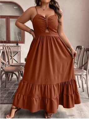 SHEIN solid-colored terracotta ruffle hem spaghetti strap maxi dress